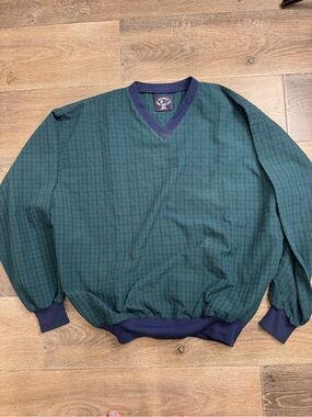 Vintage Starbus Green Plaid V-Neck Windbreaker with Navy Trim 1079